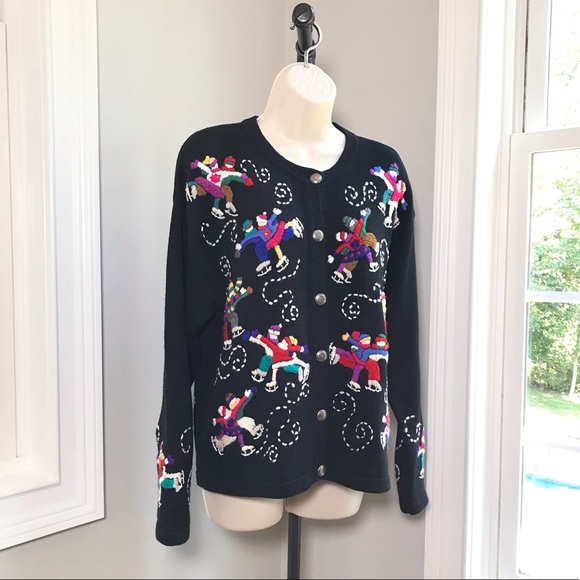 Vintage Michael Simon Embroidered Ice Skaters Cardigan - Women’s XL - Picture 2 of 8